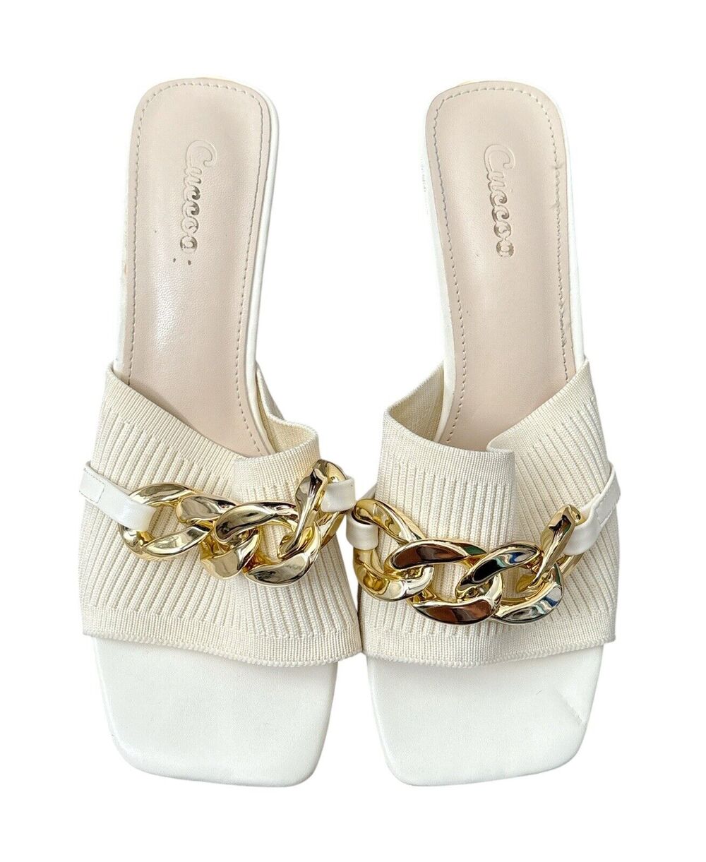 Cuccoo Heeled Mules Womens Size US 7 EU 38 White Knit Cold Chain Slip On Shoes